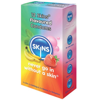 Prezervative Skins, lubrifiate cu 4 tipuri de aroma, bubblegum, menta, capsuni, banane, 1 x 12 buc