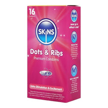 Prezervative SKINS Dots & Ribs Premium Condoms, texturate pentru stimulare intensă, din latex, 16 bucăți