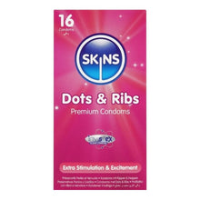 Prezervative SKINS Dots & Ribs Premium Condoms, texturate pentru stimulare intensă, din latex, 16 bucăți