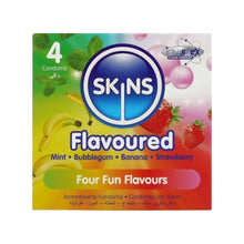 Prezervative SKINS Flavoured, cu 4 arome (banană, mentă, căpșuni și bubblegum), din latex, 4 bucăți