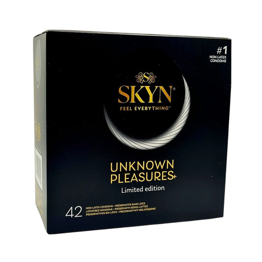 Set SKYN Unknown Pleasure +, fără latex , extra subțiri, aromate, texturate și stimulatoare, 53 ± 2 mm, 42 buc