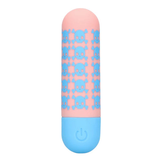 Vibrator bullet S-LINE Bone to be Wild, pentru stimularea clitorisului, design cu cranii, 10 funcții de vibrație, roz cu albastru