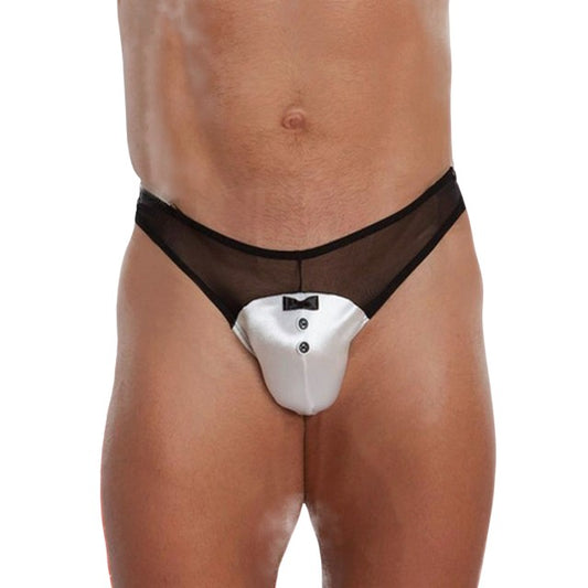 Chilot tanga bărbați SOFTLINE Thong 4467, lenjerie sexy cu design tuxedo cu papion, din plasă și satin, negru cu alb, mărime M/L