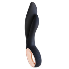 Vibrator dublu S PLEASURES Caress, design ergonomic, 7 funcții de vibrație, rezistent la apă, din silicon flexibil, culoare negru cu auriu