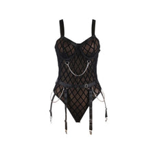 Lenjerie sexy 2 piese SUBBLIME Body with Chains, Teddy din plasă cu lanțuri + Portjartier, culoare negru, mărime S/M, model 954260