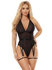 Lenjerie sexy 2 piese SUBBLIME Body with Garter Belt, Teddy cu model geometric + Portjartier, culoare negru, mărime L/XL, model 954154