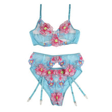 Lenjerie sexy 3 piese SUBBLIME, Sutien + Chilot + Portjartier, model cu plasă și design floral, culoare albastru cu roz, mărime S/M, model 954109