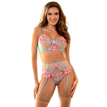 Lenjerie sexy 3 piese SUBBLIME, Sutien + Chilot + Portjartier, model cu plasă și design floral, culoare albastru cu roz, mărime S/M, model 954109