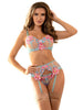 Lenjerie sexy 3 piese SUBBLIME, Sutien + Chilot + Portjartier, model cu plasă și design floral, culoare albastru cu roz, mărime L/XL, model 954116