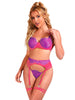 Lenjerie sexy 3 piese SUBBLIME Bra with Lace Garter, sutien, chilot tanga și portjartier, mov și roz, mărime S/M (955359)