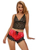 Pijamale sexy SUBBLIME Casual Silk Nightgown, maiou din dantelă + pantaloni scurți din satin, negru cu roșu, mărime L/XL, model 953966