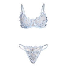 Lenjerie sexy 2 piese SUBBLIME Flower Embroidered, sutien și chilot cu dantelă florală, albastru deschis, mărime S/M (957629)