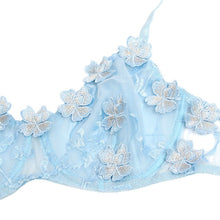 Lenjerie sexy 2 piese SUBBLIME Flower Embroidered, sutien și chilot cu dantelă florală, albastru deschis, mărime S/M (957629)