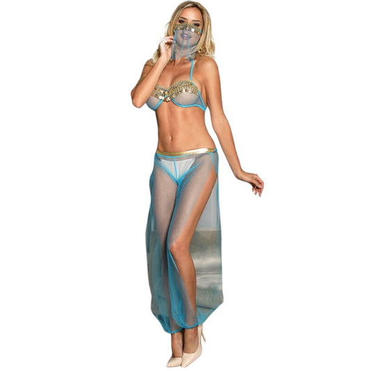 Costum sexy SUBBLIME India Style, set cu sutien, șalvari și accesorii, culoare albastru cu auriu, mărime L/XL (model D-239900)