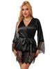 Set lenjerie sexy SUBBLIME Elegant Lace Pajamas, halat din satin cu dantelă + chilot tanga, culoare negru, mărime L/XL (model 953805)