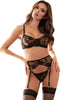 Lenjerie sexy 3 piese SUBBLIME, set cu sutien, chilot tanga și portjartier, design cu plasă și trandafiri, culoare negru, mărime L/XL (R81122)