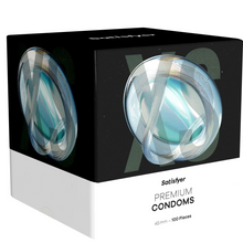 Prezervative SATISFYER Premium Condoms XS, din latex, lubrifiate, design modern, diametru 45 mm, 100 bucăți
