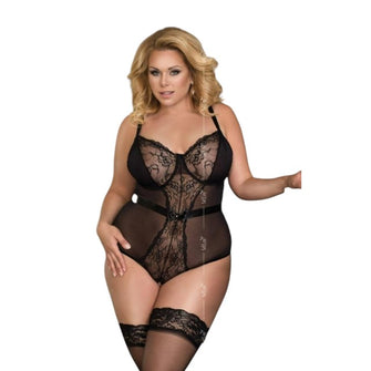 Lenjerie sexy teddy crotchless Softline - Amelia, material dantela, negru, marimea 3 XL