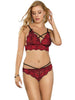 Lenjerie set 2 piese Subblime rosu si negru, model cu bustiera din dantela si chilot tanga, marime S/M