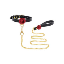 Set TABOOM Collar & Leash Wild Roses pentru jocuri erotice BDSM, cu trandafiri decorativi, din piele naturală, culoare negru cu roșu