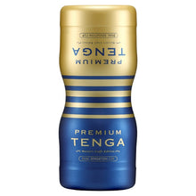 Masturbator manual TENGA Premium Dual Sensation Cup, cu 2 canale texturate pentru stimulare intensă, albastru și auriu
