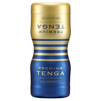 Masturbator manual TENGA Premium Dual Sensation Cup, cu 2 canale texturate pentru stimulare intensă, albastru și auriu
