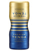 Masturbator manual TENGA Premium Dual Sensation Cup, cu 2 canale texturate pentru stimulare intensă, albastru și auriu