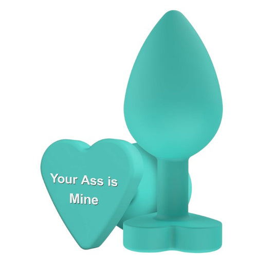Plug anal TOYJOY Anal Play Booty Sweethearts, cu mesaj „Your Ass is Mine” pe baza în formă de inimă, diametru 3.5 cm, verde