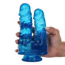 Dildo dublu TOYZ4LOVERS, pentru dublă penetrare, bază cu ventuză pentru fixare, 17.5 cm, culoare albastru