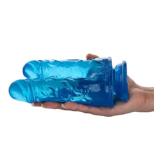 Dildo dublu TOYZ4LOVERS, pentru dublă penetrare, bază cu ventuză pentru fixare, 17.5 cm, culoare albastru