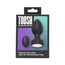Vibrator anal TOOSH Light Up Vibrating Butt Plug, cu telecomandă, led multicolor, 10 funcții de vibrație, din silicon, 7.6 cm inserabili, negru