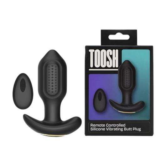 Vibrator anal TOOSH Silicone Vibrating Butt Plug, cu telecomandă, 10 funcții de vibrație, din silicon, 8.5 cm inserabili, negru