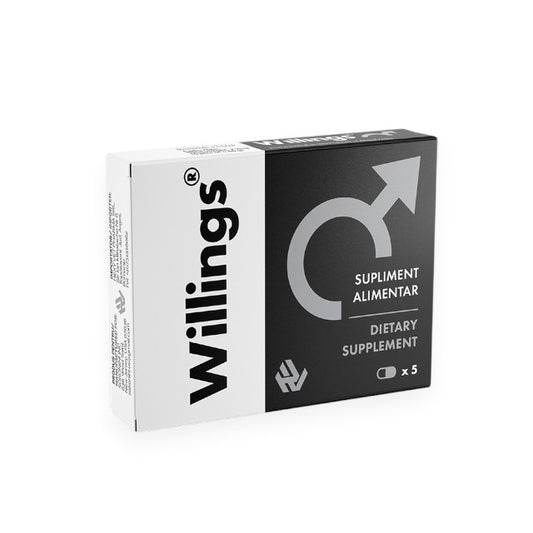 Supliment alimentar pentru bărbați WILLINGS, susține potența, erecția și anti-ejaculare precoce, cu L-Arginina și Ginseng Asiatic, 5 buc