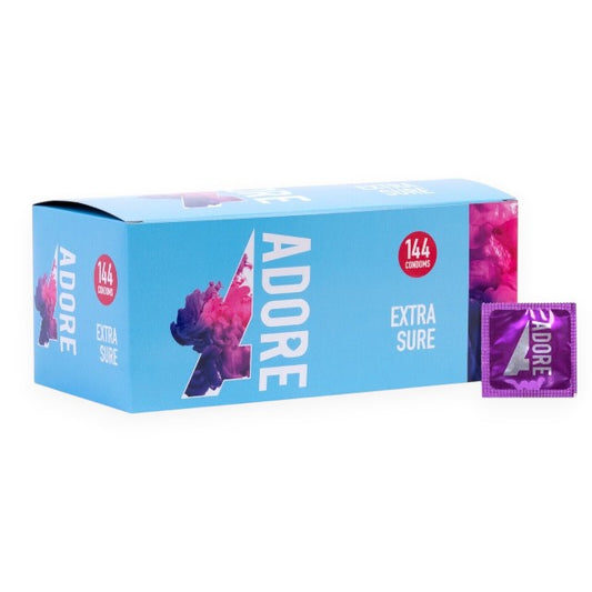 Prezervative ADORE Extra Sure, din latex rezistent, lubrifiate, fără parfum, 54 ± 2 mm, 144 buc
