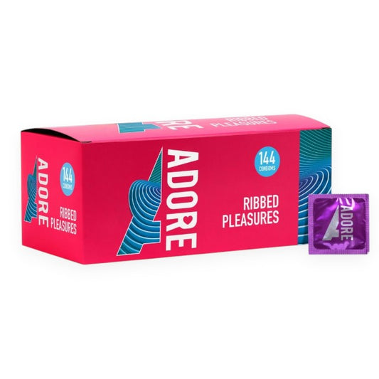 Prezervative ADORE Ribbed Pleasure, cu nervuri reliefate pe lungime, din latex, lubrifiate, 52 ± 2 mm, 144 buc