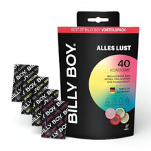 Prezervative BILLY BOY All Pleasure, cu 7 modele de prezervative, clasice, colorate, aromate și cu inel integrat, 40 bucăți