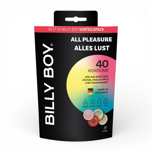 Prezervative BILLY BOY All Pleasure, cu 7 modele de prezervative, clasice, colorate, aromate și cu inel integrat, 40 bucăți