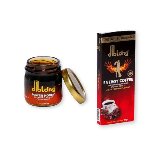Pachet pentru cupluri: Supliment alimentar cu miere DIBLONG Power Honey, 43g, 1 buc + Supliment alimentar tip cafea DIBLONG Energy Coffee, 1 buc