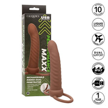 Strap-On CALEXOTICS - MAXX RIBBED, pentru dubla penetrare, 10 functii de vibrare, 15 cm, maro