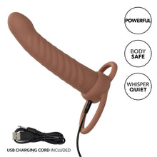 Strap-On CALEXOTICS - MAXX RIBBED, pentru dubla penetrare, 10 functii de vibrare, 15 cm, maro