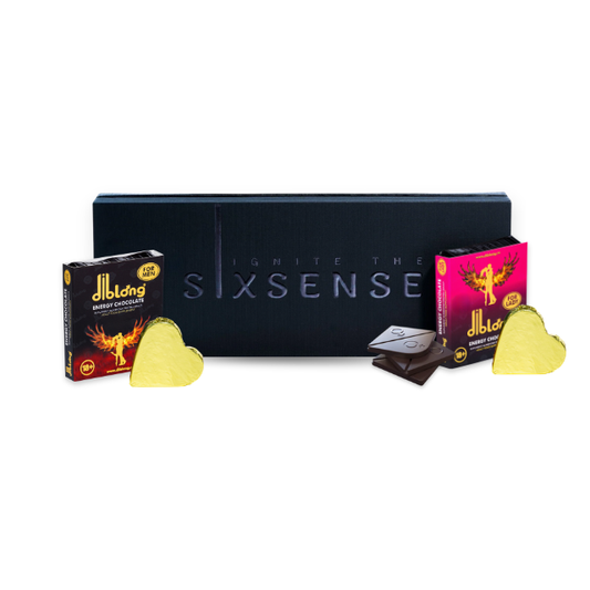 Pachet pentru cupluri: Ciocolata afrodisiacă Sixsense unisex, 3 buc + Ciocolată afrodisiacă bărbați DIBLONG CHOCOLATE, 24 g + Ciocolată afrodisiacă femei DIBLONG CHOCOLATE, 24 g