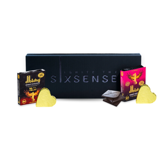 Pachet pentru cupluri: Ciocolata afrodisiacă Sixsense unisex, 3 buc + Ciocolată afrodisiacă bărbați DIBLONG CHOCOLATE, 24 g + Ciocolată afrodisiacă femei DIBLONG CHOCOLATE, 24 g