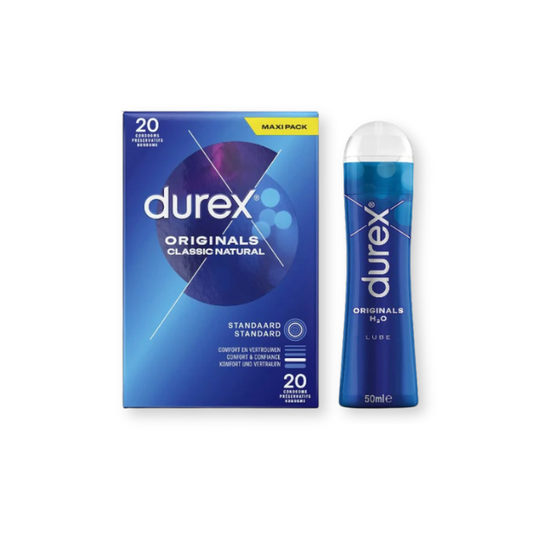 Pachet pentru cupluri: Prezervative Durex Originals Classic Natural, 20 buc + Lubrifiant pe bază de apă Durex Play Original H2O, 50 ml