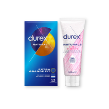 Pachet pentru cupluri: Prezervative Durex Natural XL, 12 buc + Lubrifiant pe bază de apă Durex Natural Extra Sensitivo, 100 ml