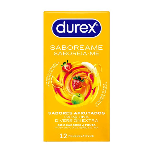 Prezervative DUREX Saboreame, cu aromă de fructe, diverse culori, din latex, diametru 53 mm, 12 buc
