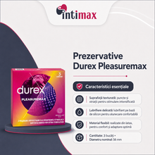 Prezervative DUREX Pleasure Max, cu puncte și striații pentru senzație intensă, din latex, diametru 56 mm, 3 buc