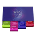 Set prezervative DUREX Surprise Me, diverse sortimente, extra subțiri, groase, cu nervuri și puncte, din latex, diametru 53/56, 40 buc (cutie cadou)
