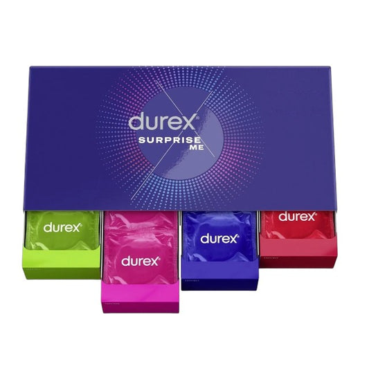 Set prezervative DUREX Surprise Me, diverse sortimente, extra subțiri, groase, cu nervuri și puncte, din latex, diametru 53/56, 40 buc (cutie cadou)