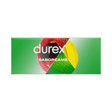 Prezervative DUREX Saboreame, din latex, set cu 4 tipuri de aromă: banană, măr, portocală și căpșuni, diametru 53 mm, 144 buc
