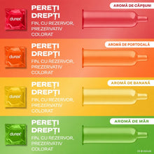 Prezervative DUREX Saboreame, din latex, set cu 4 tipuri de aromă: banană, măr, portocală și căpșuni, diametru 53 mm, 144 buc